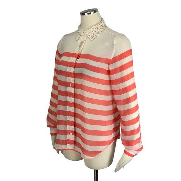 Lauren Conrad Small Blouse Semi Sheer Crochet Collar Stripe - Picture 2 of 6